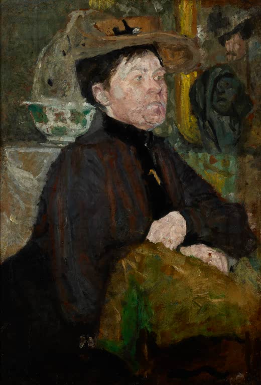 Olga Boznańska Bildnis von Frau Getter Kunstkopie, Dame mit Hut im dunklen Kleid neben Porzellanschale und Büste