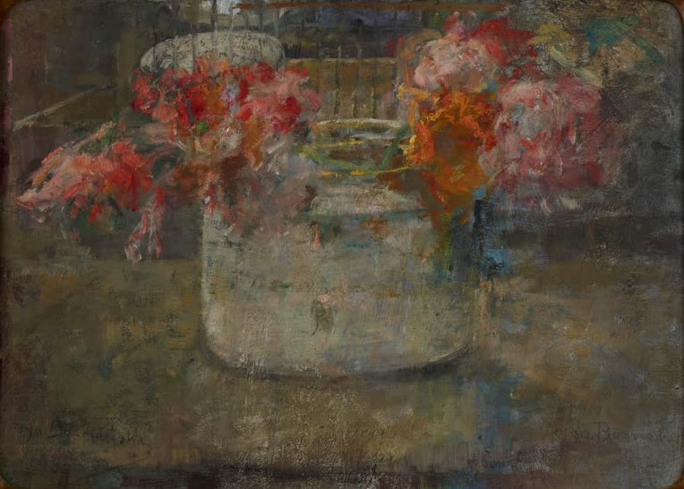 Olga Boznańska Blumen im weißen Gefäß Kunstkopie, rote und rosa Blumen in einem weißen Gefäß vor gedämpftem Hintergrund