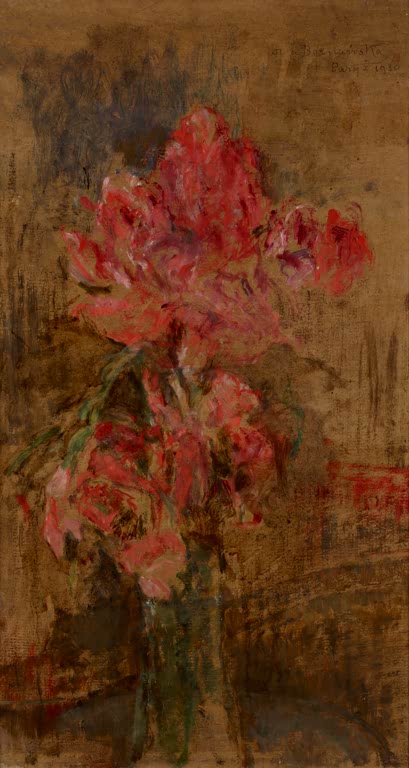 Olga Boznańska Gladiolen Kunstkopie, rote Blütenrispen in einer Glasvase vor goldbraunem Grund, oben signiert und datiert