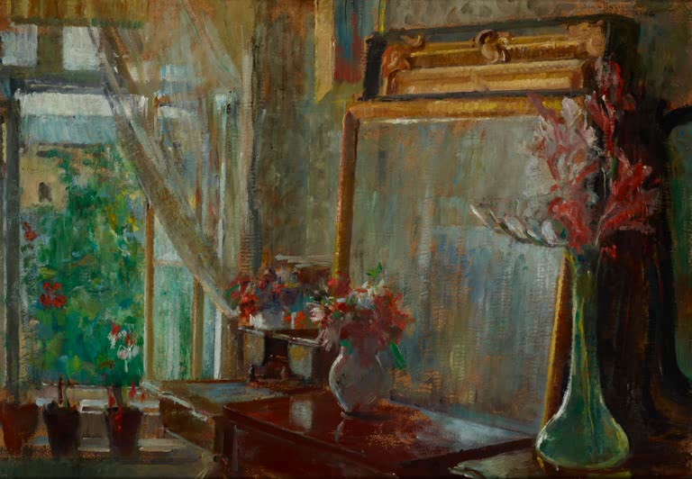 Olga Boznańska Interieur mit Spiegel und Blumenvasen Kunstkopie, Zimmer mit offenem Fenster, Spiegel und Blumen