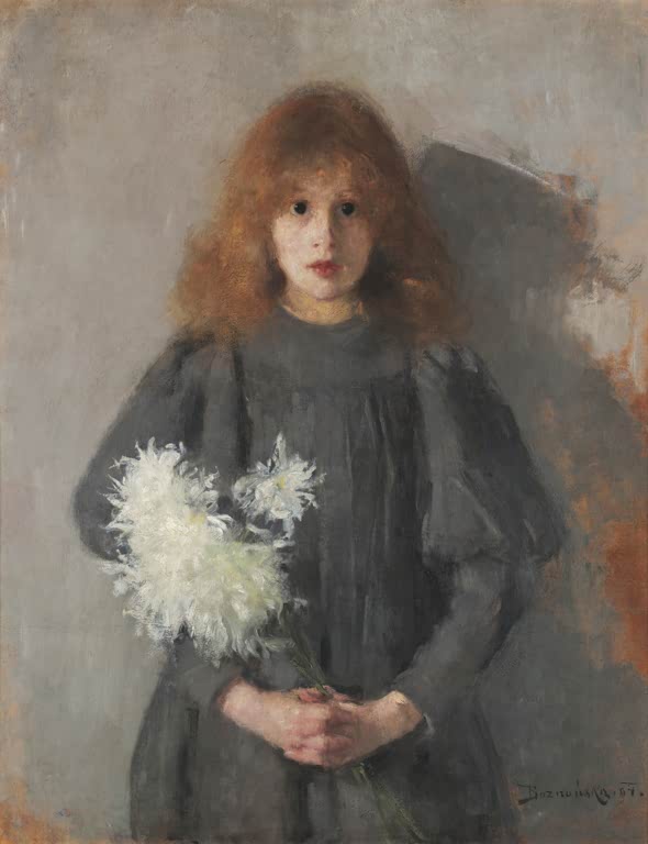 Olga Boznańska Mädchen mit Chrysanthemen Kunstkopie, rothaariges Mädchen im grauen Kleid mit weißen Blüten in den Händen