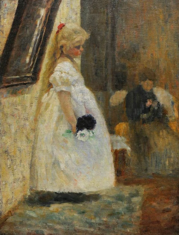 Olga Boznańska Namenstag der Großmutter Kunstkopie, blondes Mädchen im weißen Kleid mit Blumenstrauß im Warmlicht