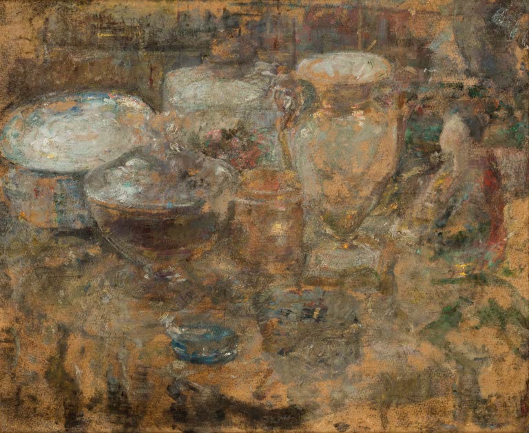 Olga Boznańska Stillleben mit Tellern, Schale und Glasvase Kunstkopie, Teller, Schale und hohe Glasvase auf dem Tisch