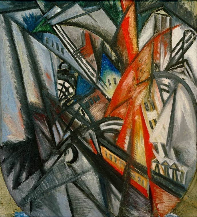 Olga Rosanowa Brand in der Stadt Kunstkopie, kubofuturistische Stadtlandschaft mit roten Flammenformen und grauen Fassaden