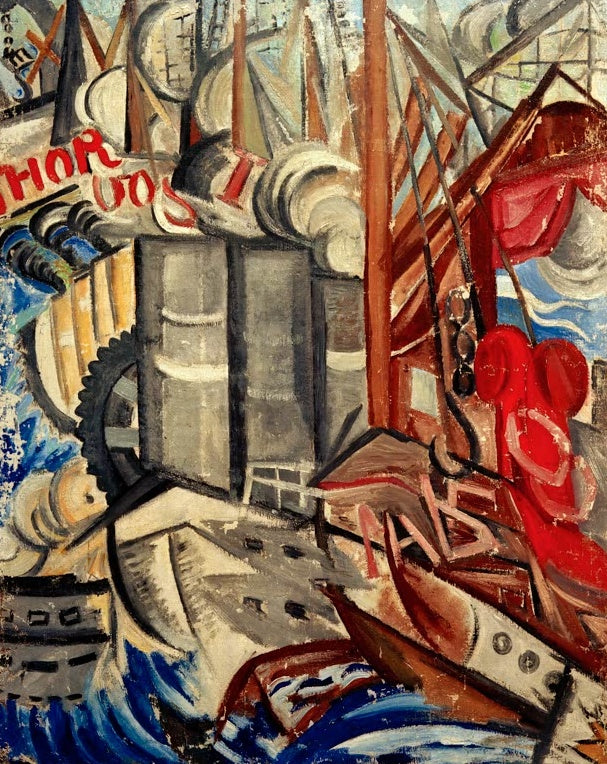 Olga Rosanowa Der Hafen Kunstkopie, kubofuturistische Hafenszene mit Dampfern, Masten, Rauchwolken und blauen Wellen