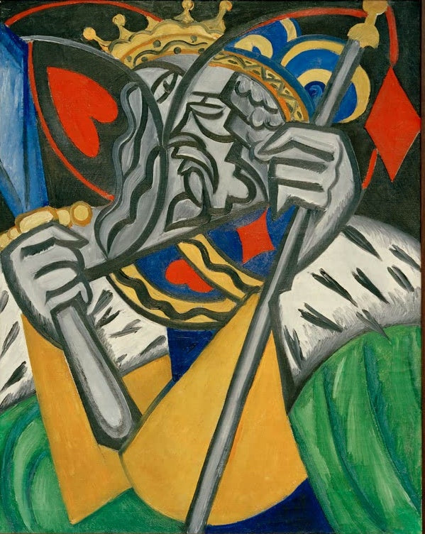 Olga Rosanowa Karo-König Kunstkopie, grauer Herrscher mit Krone und Zepter vor dunklem Grund mit roten Herz- und Karozeichen