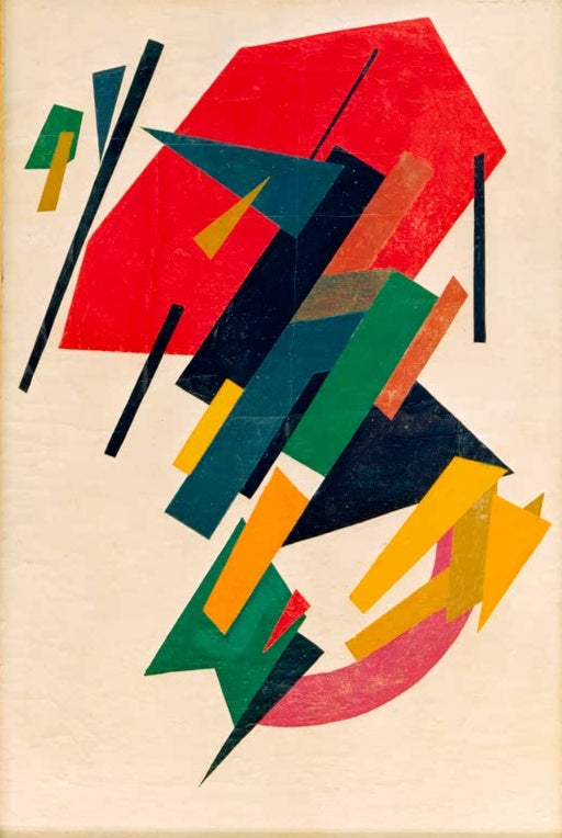 Olga Rosanowa Suprematismus mit rotem Vieleck Kunstkopie, grüne, schwarze und gelbe Streifen auf hellem Grund