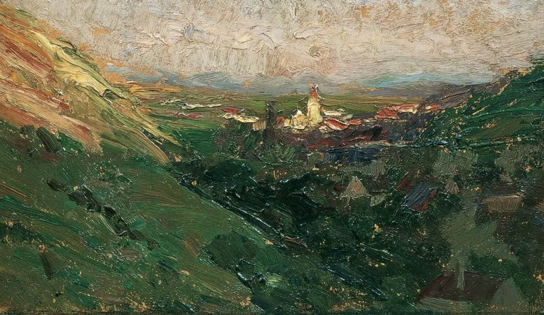 Olga Wisinger-Florian Blick auf das Kahlenberger Dorf Kunstkopie, grüne Hänge mit Dorf und hellem Kirchturm