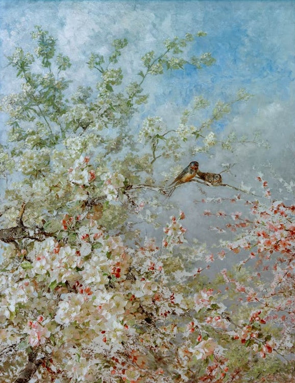 Olga Wisinger-Florian Der Mai Kunstkopie, blühende Baumzweige mit zwei Vögeln vor hellblauem Frühlingshimmel