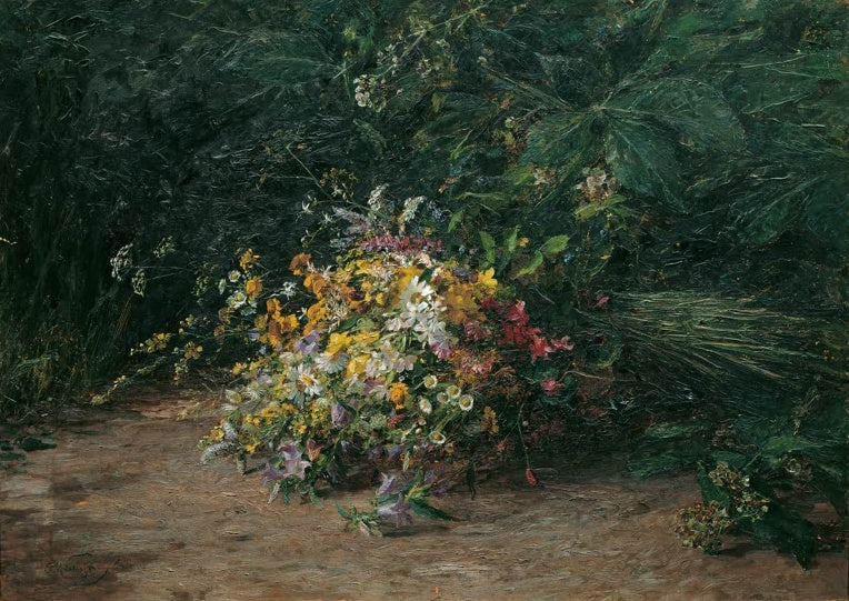 Olga Wisinger-Florian Feldblumenstrauß Kunstkopie, bunter Wiesenstrauß am Waldweg vor dunkelgrünem Laub