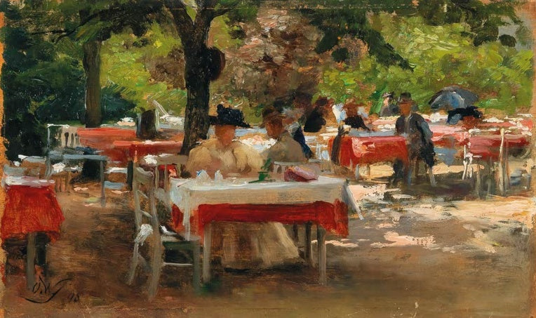 Olga Wisinger-Florian Frühstück in Karlsbad Kunstkopie, Gäste an roten Tischdecken unter schattigen Bäumen