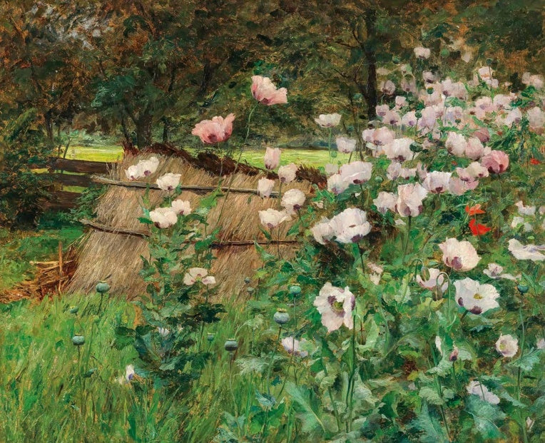 Olga Wisinger-Florian Im Bauerngarten Kunstkopie, weiße und rosa Mohnblüten vor Strohabdeckung und Wiese