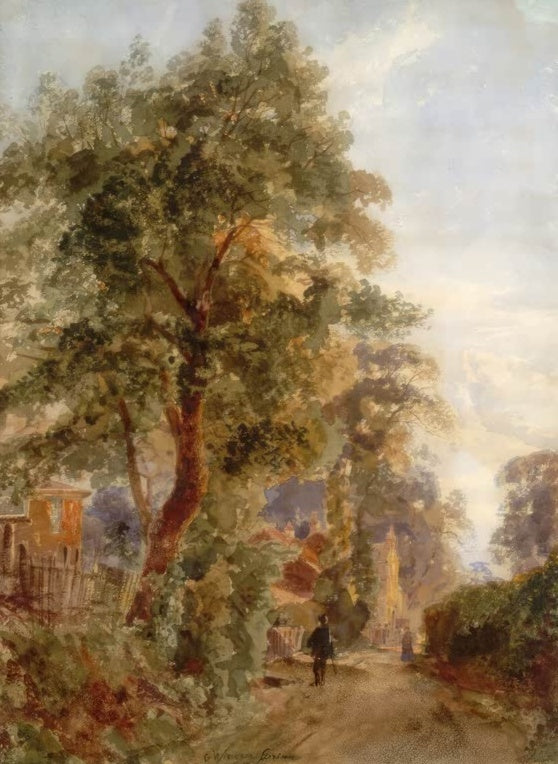 Olga Wisinger-Florian Lichtensteinscher Park in Plankenberg bei Tulln Kunstkopie, Aquarell mit Baum und Dorfweg