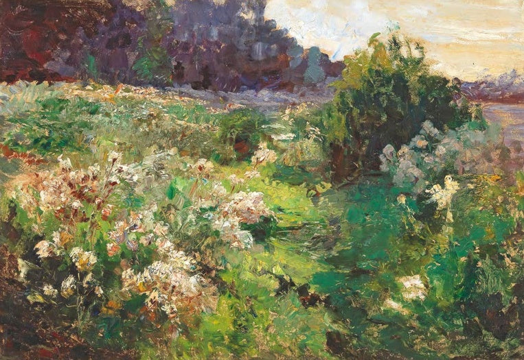 Olga Wisinger-Florian Wiese Kunstkopie, blühende Sommerwiese mit hellen Blütenbüschen und Abendhimmel