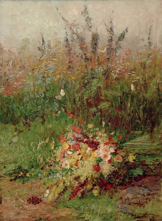 Olga Wisinger-Florian Wiesenblumenstrauß am Wegesrand Kunstkopie, bunter Strauß vor dunstiger Blumenwiese mit Schmetterlingen