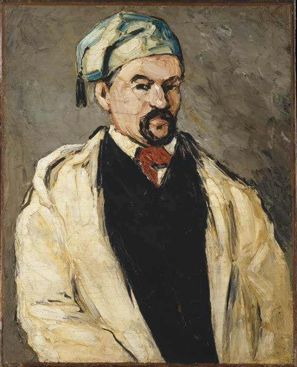 Mann mit hellblauer Kappe und weißem Umhang vor grauem Grund – Paul Cézanne Antoine Dominique Sauveur Aubert Kunstkopie