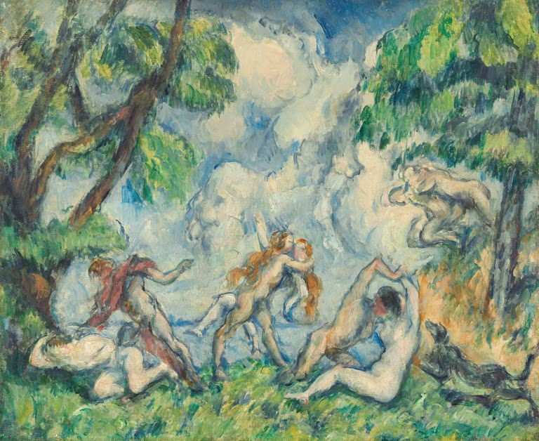 Nackte Figuren ringen im Grünen unter Bäumen und Wolken – Paul Cézanne Der Kampf der Liebe Kunstkopie