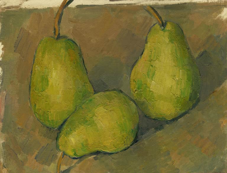 Drei grüne Birnen mit Stielen auf braunem Tisch in Nahsicht – Paul Cézanne Drei Birnen Kunstkopie