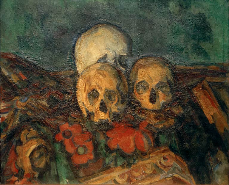 Drei Totenschädel mit roten Blumen auf gemustertem Teppich – Paul Cézanne Drei Totenköpfe Kunstkopie