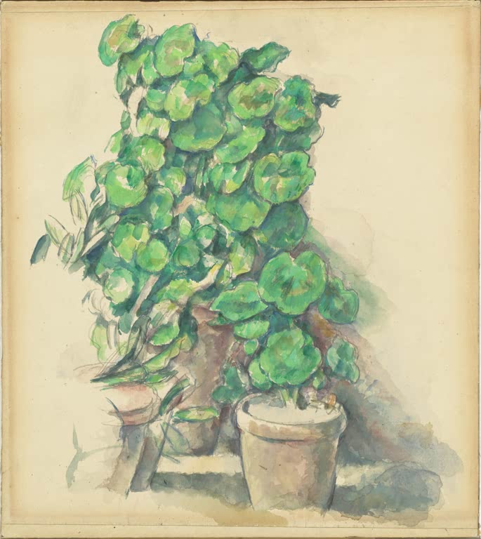 Üppige Geranien in Tontöpfen mit leuchtend grünen Blättern, Aquarell – Paul Cézanne Geranien Kunstkopie