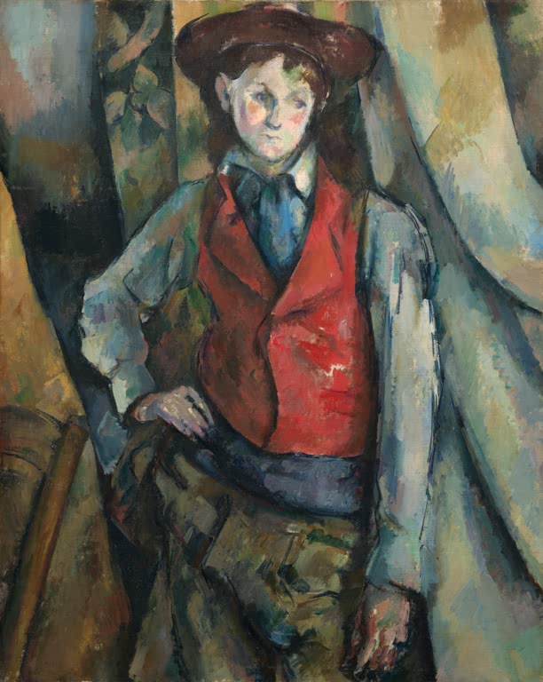 Junge in roter Weste und blauer Jacke steht vor Vorhang, Hand in der Hüfte – Paul Cézanne Knabe in roter Weste Kunstkopie