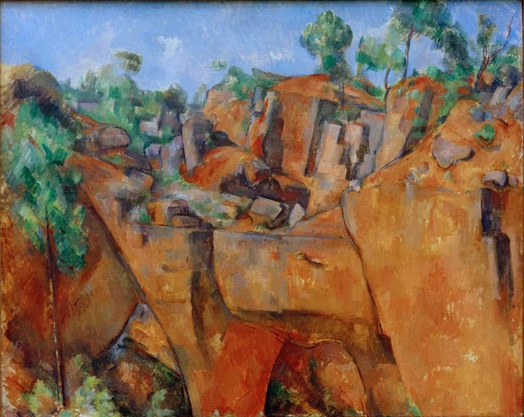 Rotorangefarbener Steinbruch mit Kiefern vor blauem Himmel – Paul Cézanne La carrière de Bibémus Kunstkopie