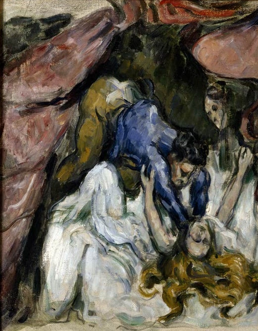 Frau mit langen Haaren liegt in einer Felsnische, umgeben von weiß Gekleideten – Paul Cézanne La femme etranglée Kunstkopie
