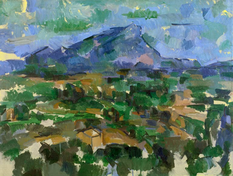 Blauer Gebirgszug über grünen und gelben Farbflächen – Paul Cézanne La Montagne Sainte-Victoire Kunstkopie