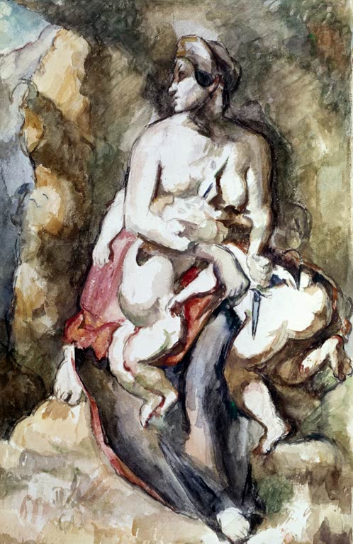 Sitzende Frau hält zwei Kinder vor Felswand, farbiges Aquarell – Paul Cézanne Médée Kunstkopie
