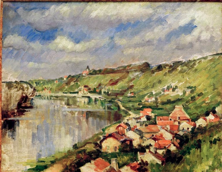 Fluss im Tal mit Dorf am Hang und bewölktem Himmel – Paul Cézanne Paysage au bord Kunstkopie