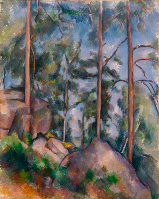 Hohe Kiefernstämme über rosafarbenen Felsblöcken – Paul Cézanne Pinien und Felsen Kunstkopie