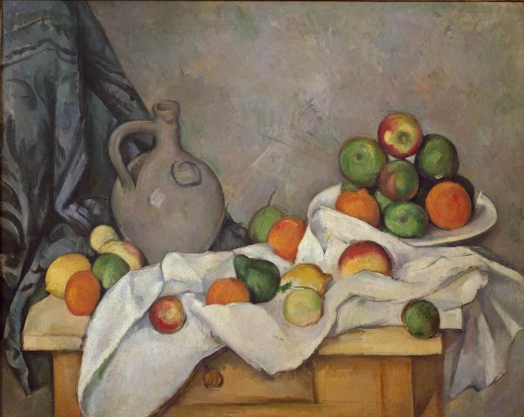 Krug, Obstschale und Früchte auf weißem Tuch vor Vorhang – Paul Cézanne Rideau, cruchon et compotier Kunstkopie