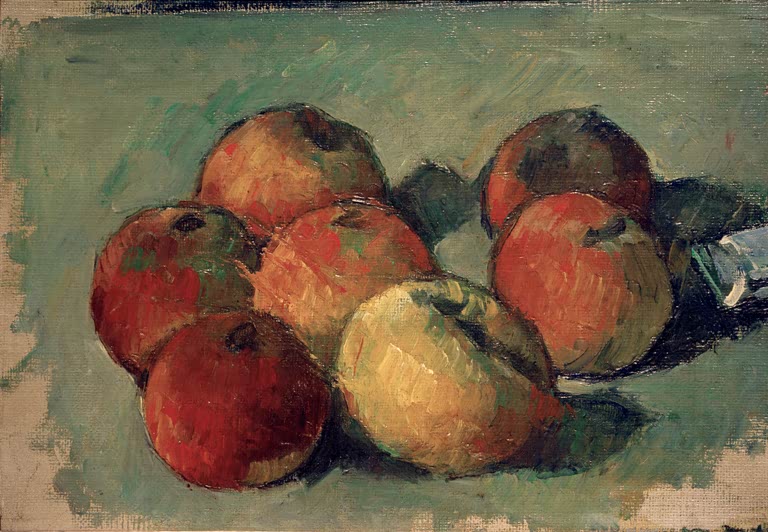 Sieben rote und gelbe Äpfel neben Farbtube auf grünlichem Grund – Paul Cézanne Sieben Äpfel und Farbtube Kunstkopie