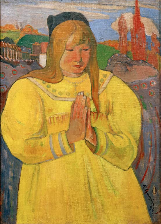 Junges Mädchen in gelbem Kleid mit gefalteten Händen vor roter Kirche – Paul Gauguin Jeune Chrétienne Kunstkopie