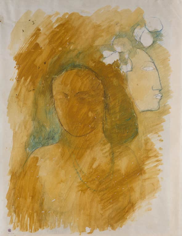 Frauengesicht mit weißer Blüte im Haar in Ockertönen – Paul Gauguin Tahitianische Frau mit bösem Geist Kunstkopie