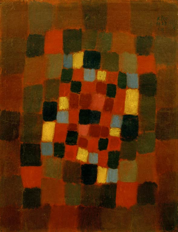 Raster aus roten, gelben, blauen und schwarzen Farbfeldern auf rotbraunem Grund – Paul Klee Buntes Beet Kunstkopie