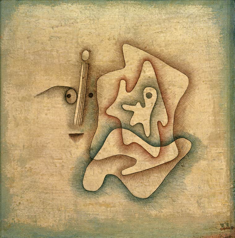 Ockerfarbener Grund mit feinen Schraffuren, Gesichtsprofil und weichen Formen – Paul Klee Der Hörende Kunstkopie