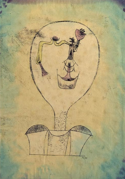 Schematischer Kopf mit Blüten im Gesicht auf blaugrün getöntem Grund – Paul Klee Die Knospe des Lächelns Kunstkopie