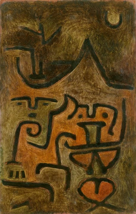 Dämonische Hexengesichter in Schwarz auf oliv-orangem Grund mit Mondsichel – Paul Klee Erd-Hexen Kunstkopie