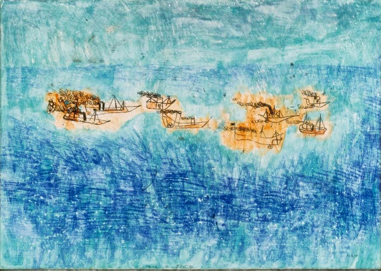 Paul Klee Flottille Kunstkopie, kleine Dampfer und Segelboote auf türkisblauem Meer mit orangen Rauchwolken