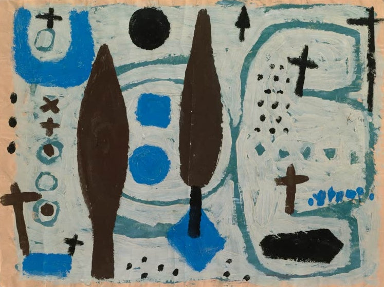 Braune Zypressen, schwarze Kreuze und blaue Flächen auf hellem Grund – Paul Klee Friedhof Kunstkopie