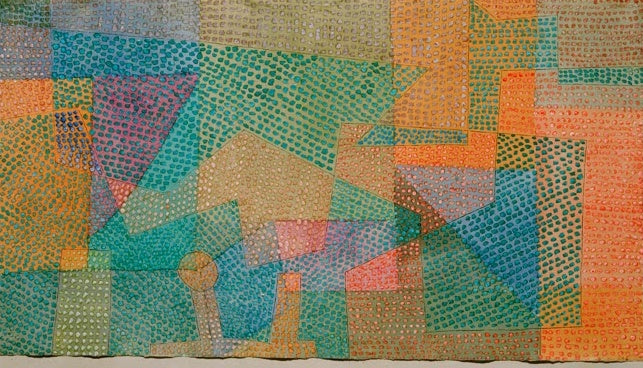 Paul Klee Frühlingsbild Kunstkopie, gepunktete Farbflächen in Türkis, Orange und Rosa mit kleiner Kreisfigur