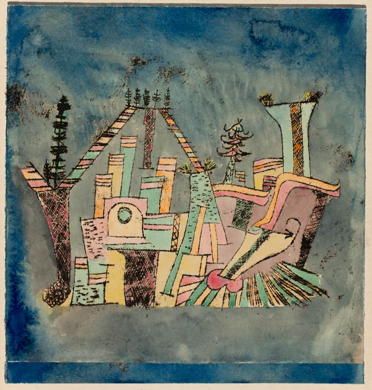 Fantastische Architektur mit Türmen und bunten Streifen vor blauem Grund – Paul Klee Garten auf Trümmern Kunstkopie