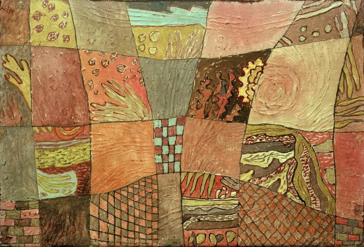 Gefeldertes Gartenmotiv mit reliefartigen Mustern in Rosa, Grün und Ocker – Paul Klee Garten=rhythmus Kunstkopie