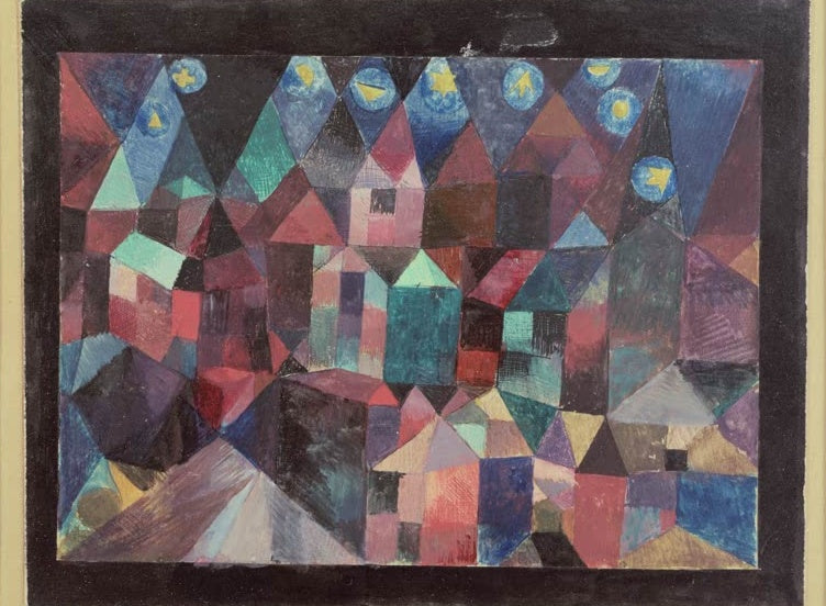 Paul Klee Gestirne über der Stadt Kunstkopie, blaue Sterne über einer Stadt aus bunten Dreiecks- und Hausformen