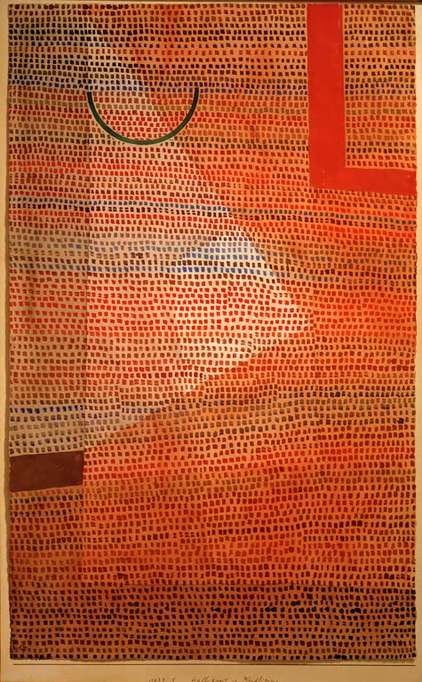 Rotorange gerasterte Fläche mit grünem Halbkreis und rotem Winkel – Paul Klee Halbkreis gegen Winkel Kunstkopie