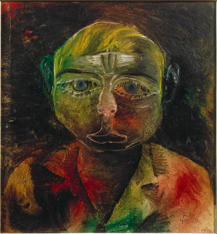 Frontales Bildnis eines Jungen mit blauen Augen, grünem Gesicht und rotem Hemd – Paul Klee Junger Proletarier Kunstkopie