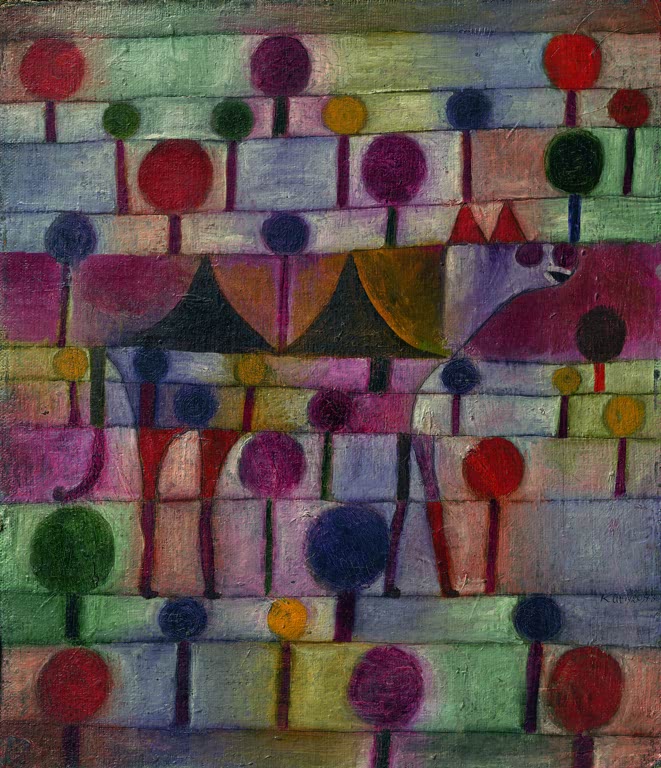 Kamel zwischen runden bunten Bäumen – Paul Klee Kamel in einer rhythmischen Baumlandschaft Kunstkopie