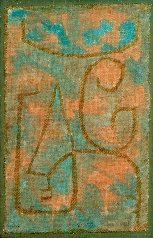 Rosa-türkis gefleckter Jutegrund mit braun gezeichnetem Gesicht und Schwüngen – Paul Klee Milderung Kunstkopie