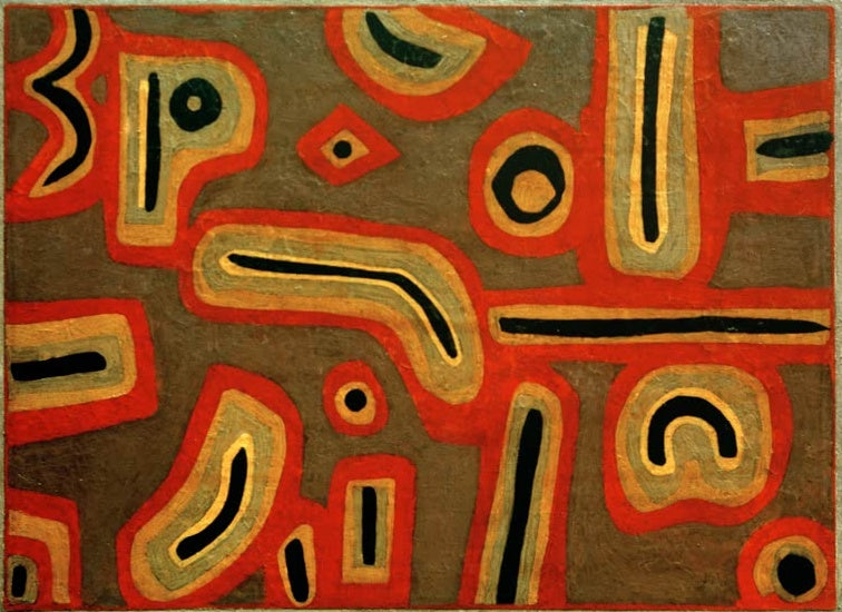 Rote, ockerfarbene und schwarze Formen auf grauem Grund – Paul Klee Komposition in Rot, Gelb, Grau, Schwarz Kunstkopie
